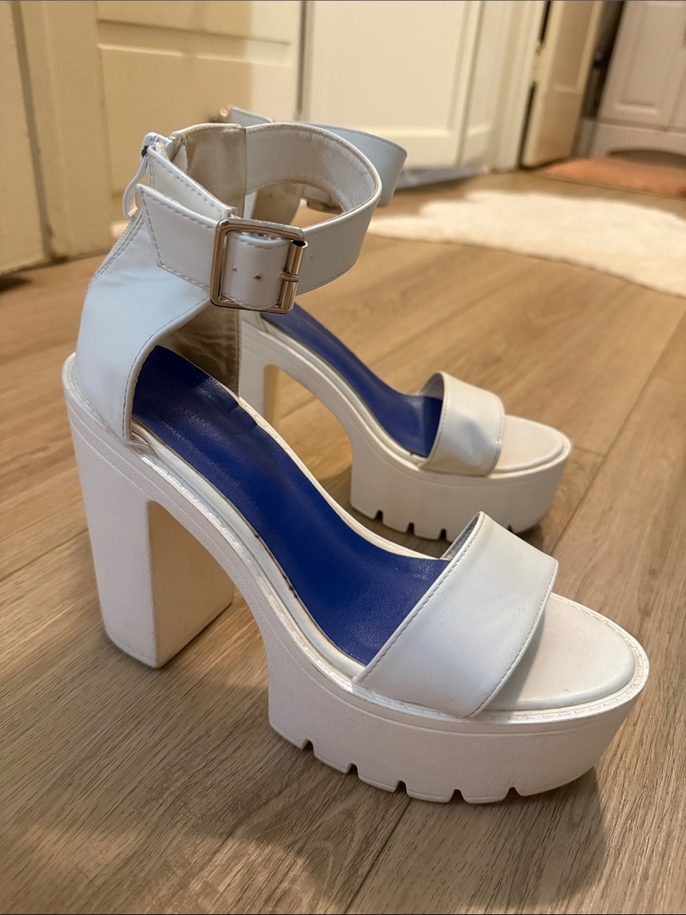 White Platform Ankle-Strap Block Heel Sandals